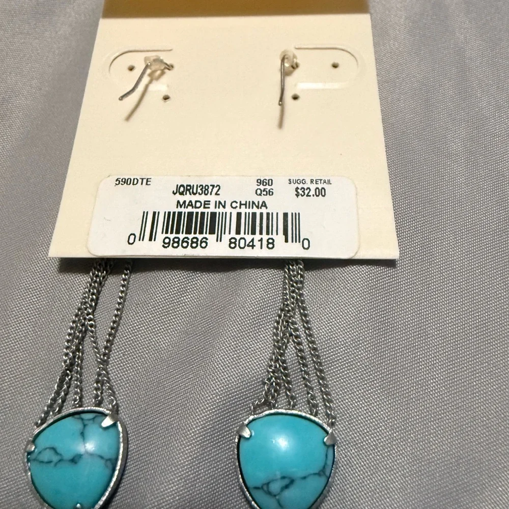 NWT Kenneth Cole Reaction Turquoise Drop Earrings Silver Chain Fringe Boho - Picture 3 of 4